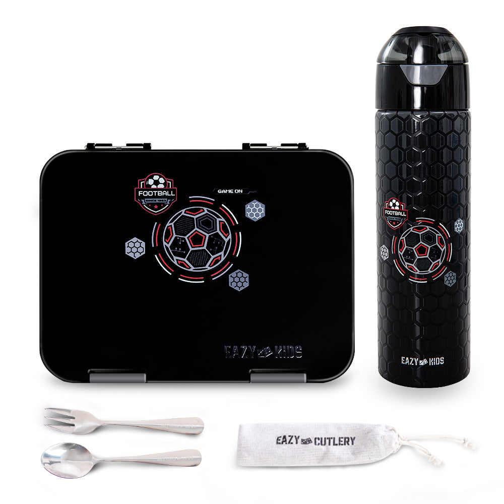 Eazy Kids Convertible Bento Lunch Box w/ Insulated Stainless Steel Water Bottle 640ml – Football Black