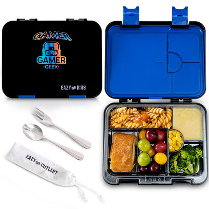 Eazy Kids Convertible Bento Lunch Box w/ Insulated Stainless Steel Water Bottle 640ml – Gamer Black
