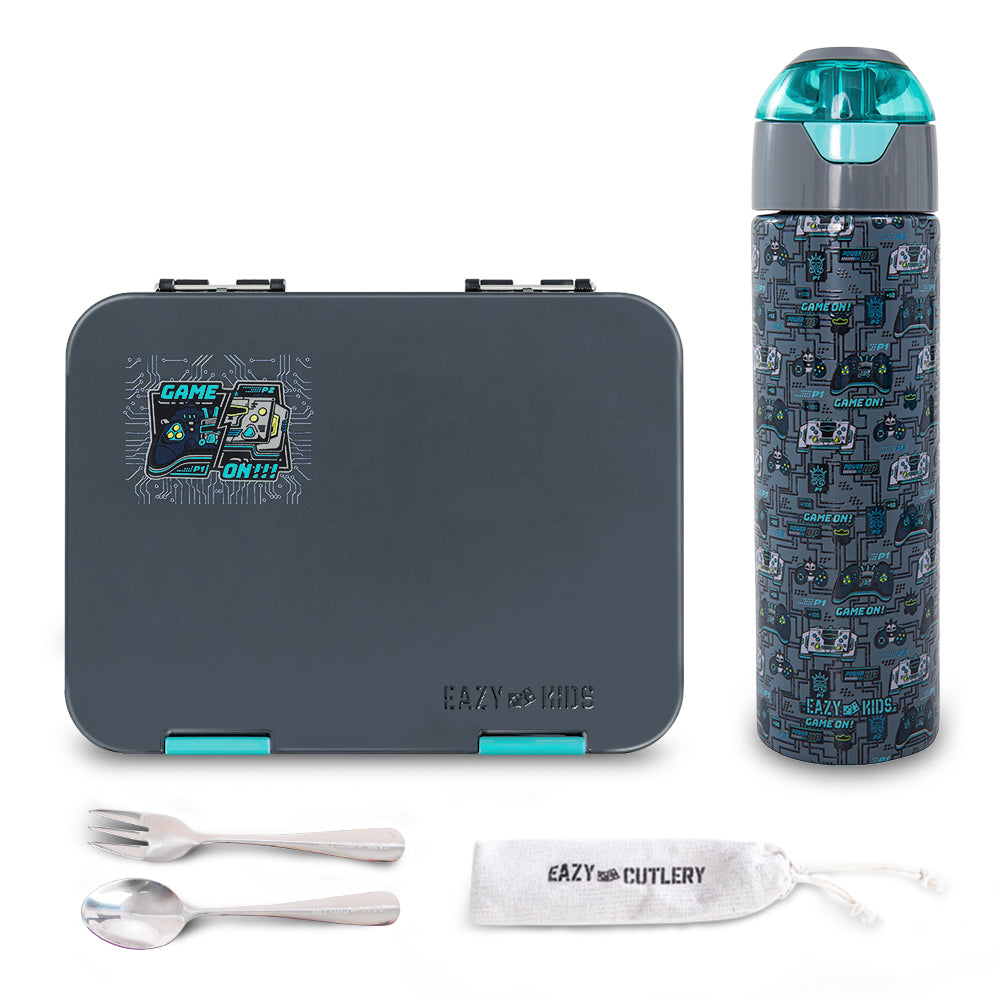 Eazy Kids Convertible Bento Lunch Box w/ Insulated Stainless Steel Water Bottle 640ml – Game ON Grey