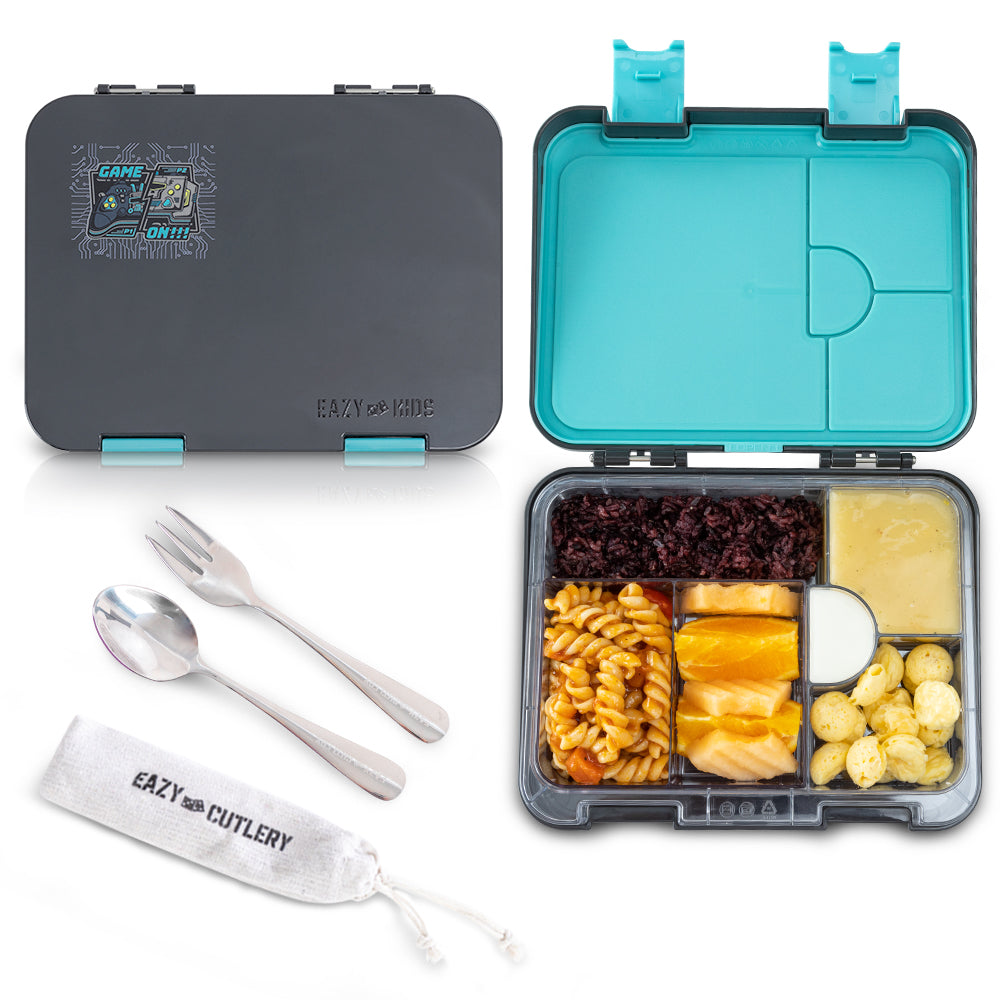 Eazy Kids Convertible Bento Lunch Box w/ Insulated Stainless Steel Water Bottle 640ml – Game ON Grey