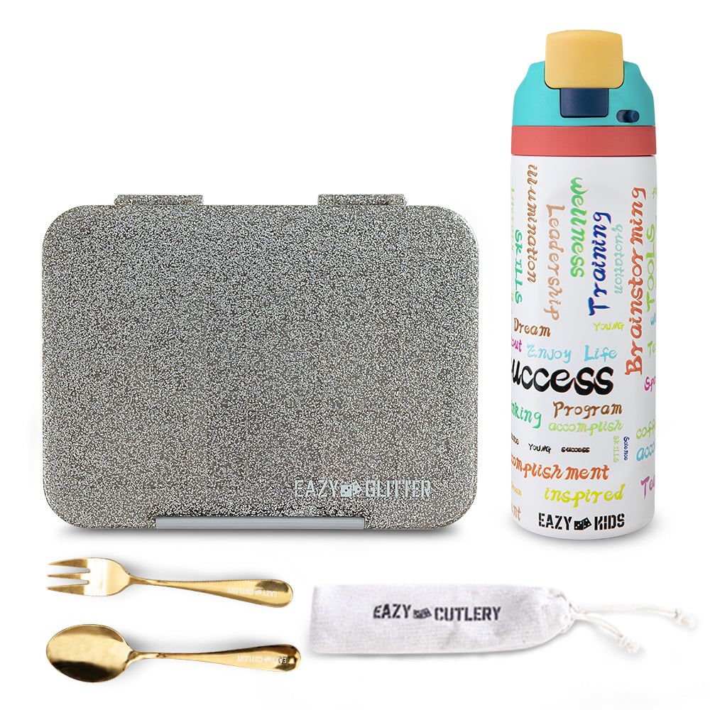 Eazy Kids Convertible Bento Lunch Box w/ Stainless Steel Water Bottle 710ml – Glitter Ivory