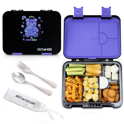 Eazy Kids Convertible Bento Lunch Box w/ Insulated Stainless Steel Water Bottle 640ml – Teddy Black