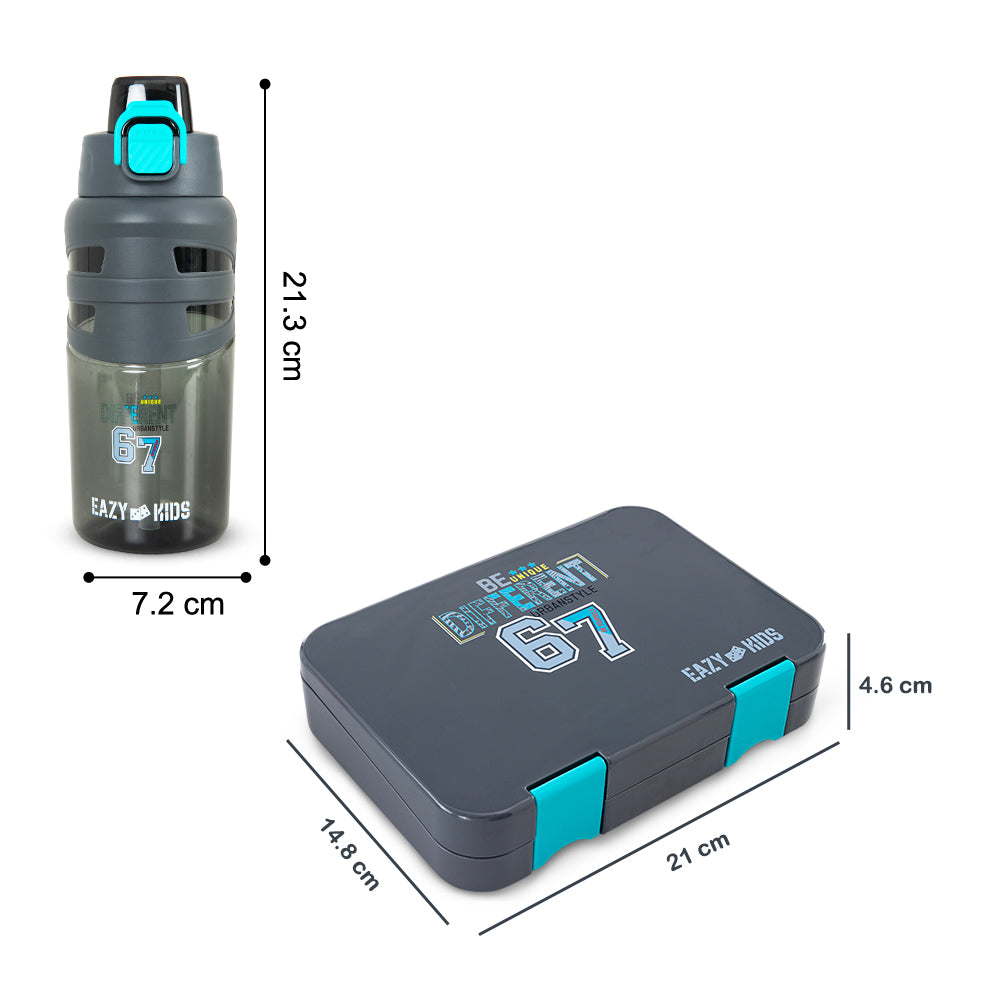 Eazy Kids 4 Compartment Bento Lunch Box w/ Flip Top Water Bottle 750ml – Urban Grey