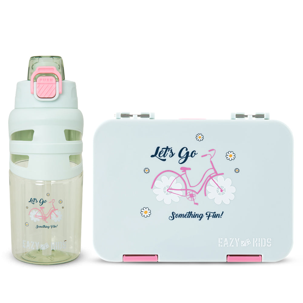 Eazy Kids 4 Compartment Bento Lunch Box w/ Flip Top Water Bottle 750ml – Bicycle Mint