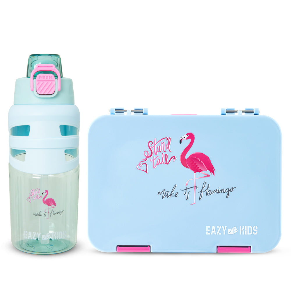 Eazy Kids 4 Compartment Bento Lunch Box w/ Flip Top Water Bottle 750ml – Flamingo Aqua