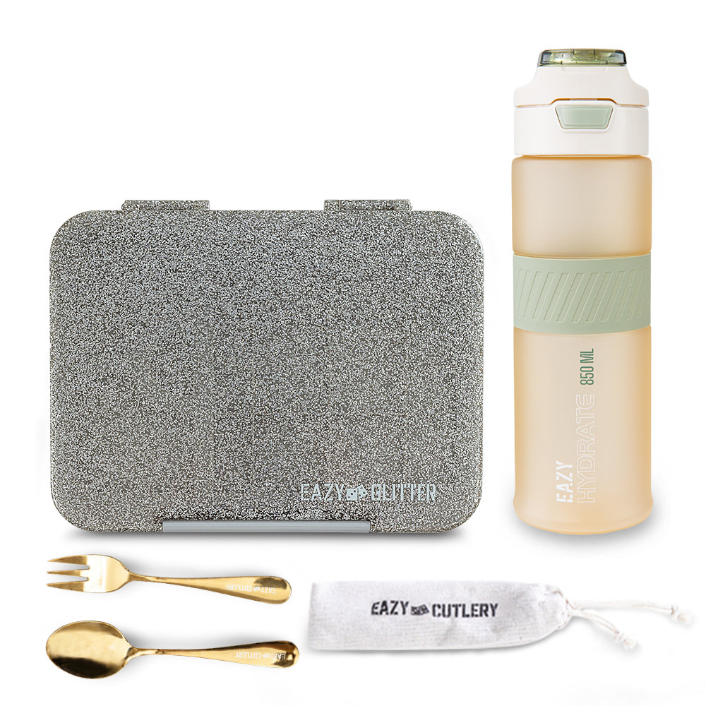 Eazy Kids Convertible Bento Lunch Box w/ Tritan Water Bottle 850ml – Glitter Ivory