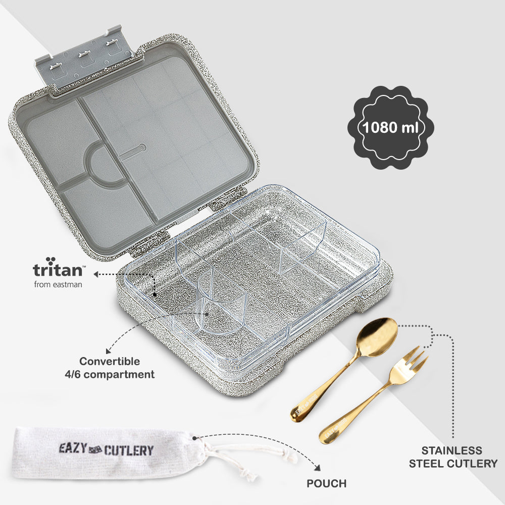 Eazy Kids Convertible Bento Lunch Box w/ Tritan Water Bottle 850ml – Glitter Ivory