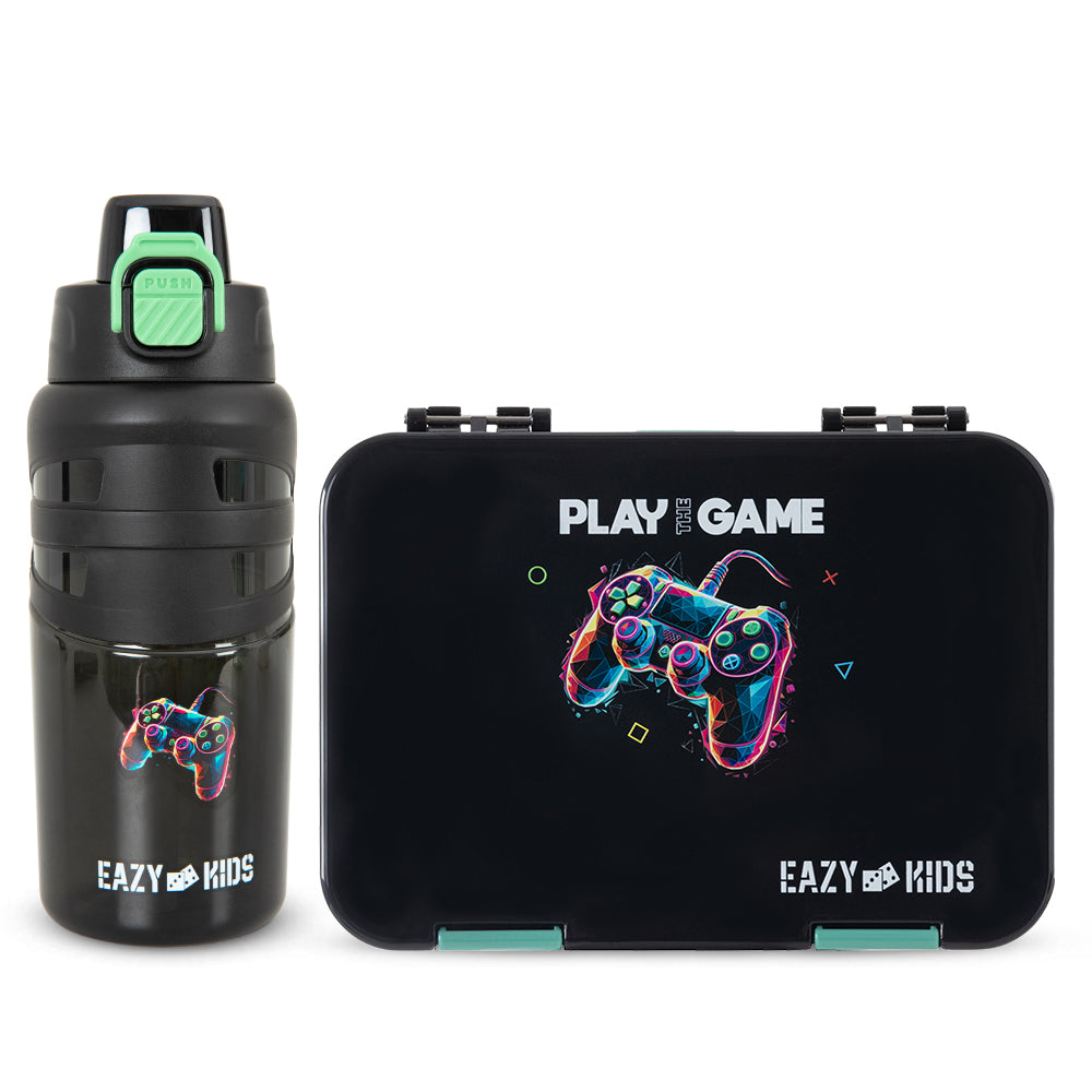 Eazy Kids 4 Compartment Bento Lunch Box w/ Flip Top Water Bottle 750ml – Gamer Black