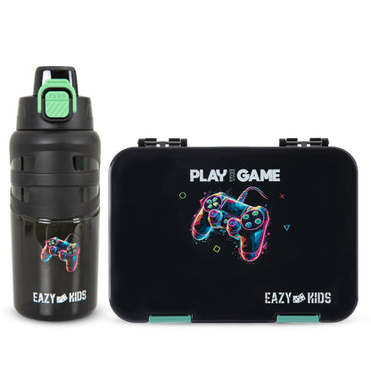Eazy Kids 4 Compartment Bento Lunch Box w/ Flip Top Water Bottle 750ml – Gamer Black