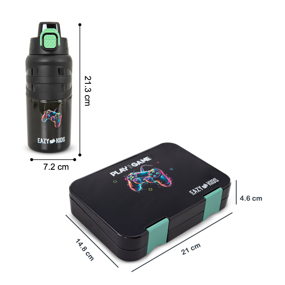 Eazy Kids 4 Compartment Bento Lunch Box w/ Flip Top Water Bottle 750ml – Gamer Black
