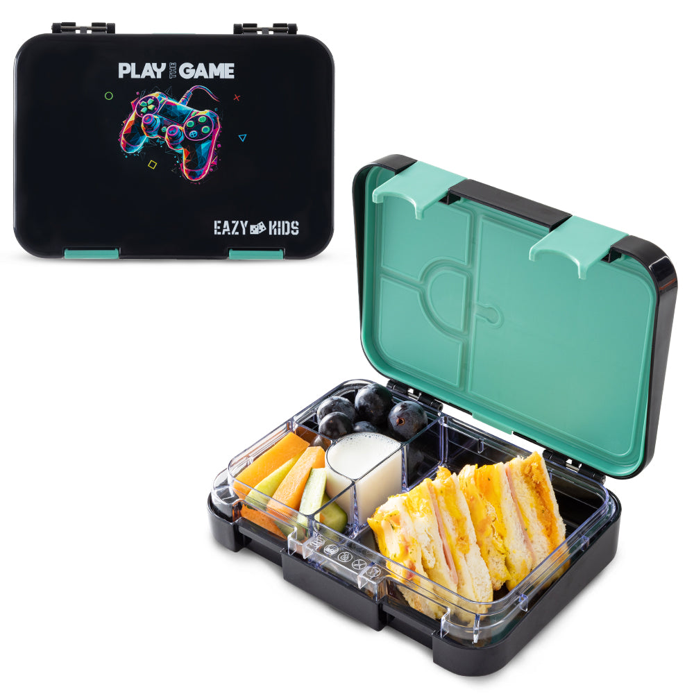Eazy Kids 4 Compartment Bento Lunch Box w/ Flip Top Water Bottle 750ml – Gamer Black