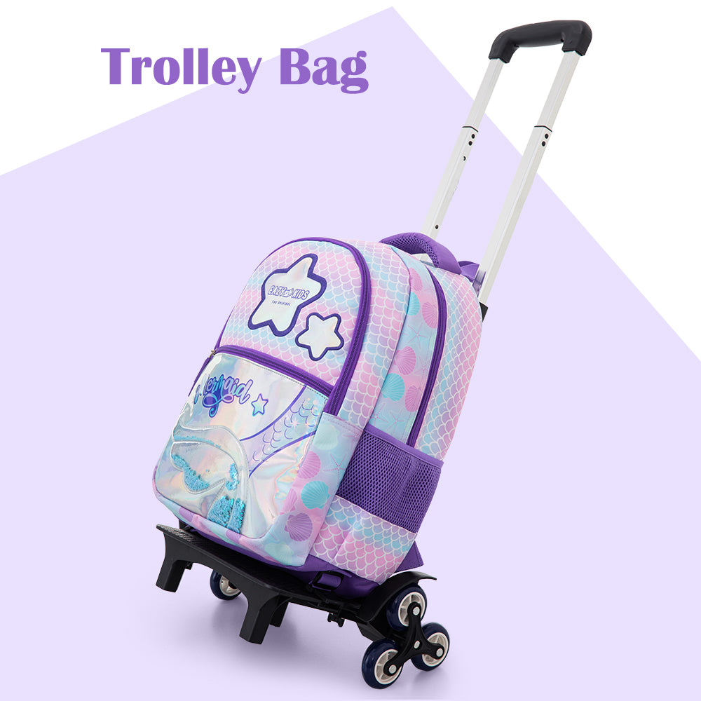 Eazy Kids 16” Trolley School Bag Set of 3 w/ Universal School Bag Trolley–Backpack, Lunch Bag & Pencil Case, Purple