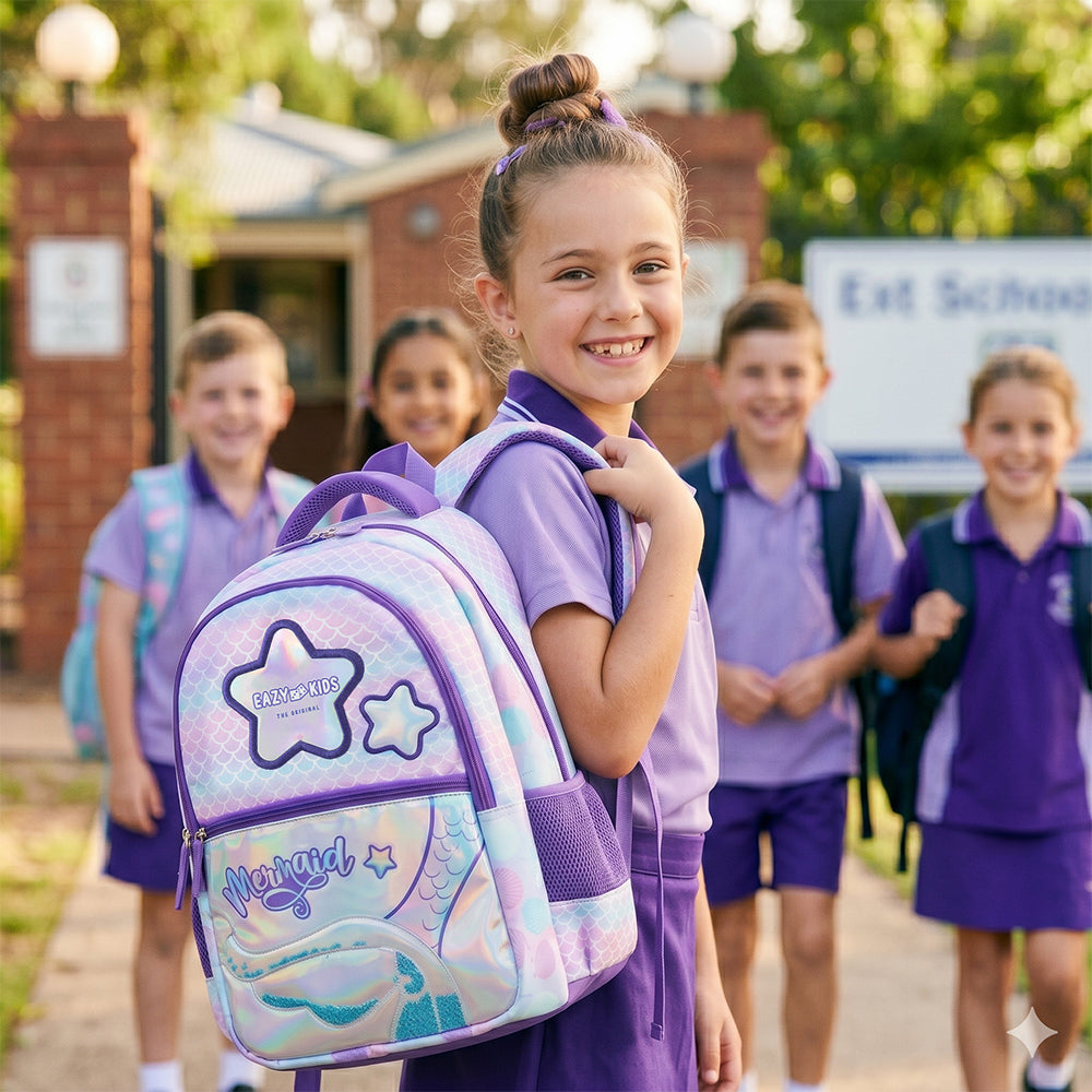 Eazy Kids 16” Trolley School Bag Set of 3 w/ Universal School Bag Trolley–Backpack, Lunch Bag & Pencil Case, Purple