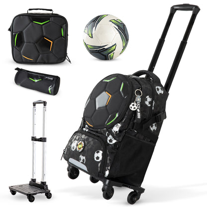Eazy Kids Footballer Backpack Set w/ Complimentary Football & 4-Wheel School Bag Trolley – Black