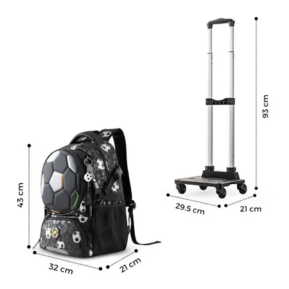 Eazy Kids Footballer Backpack Set w/ Complimentary Football & 4-Wheel School Bag Trolley – Black