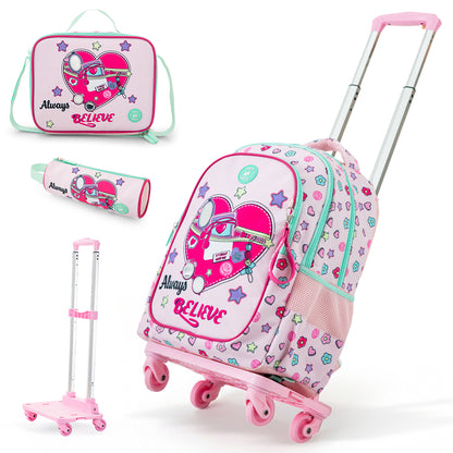 Eazy Kids 17” School Bag Set of 3 w/ 4-Wheel Trolley – Backpack, Lunch Bag & Pencil Case, Always Believe Pink