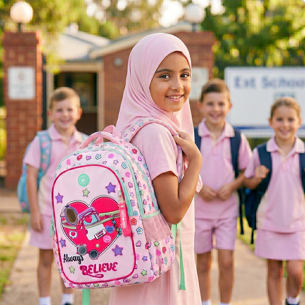 Eazy Kids 17” School Bag Set of 3 w/ 4-Wheel Trolley – Backpack, Lunch Bag & Pencil Case, Always Believe Pink
