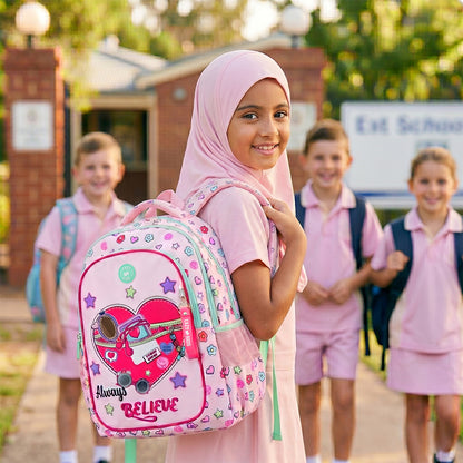 Eazy Kids 17” School Bag Set of 3 w/ 4-Wheel Trolley – Backpack, Lunch Bag & Pencil Case, Always Believe Pink