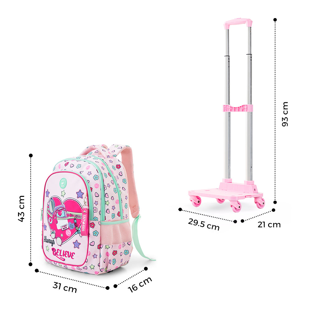 Eazy Kids 17” School Bag Set of 3 w/ 4-Wheel Trolley – Backpack, Lunch Bag & Pencil Case, Always Believe Pink