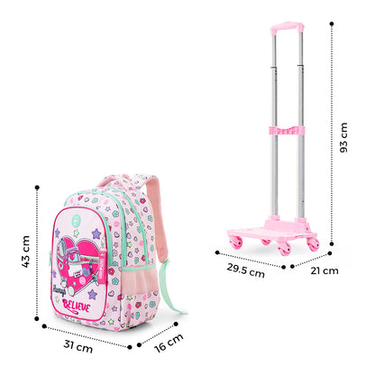 Eazy Kids 17” School Bag Set of 3 w/ 4-Wheel Trolley – Backpack, Lunch Bag & Pencil Case, Always Believe Pink