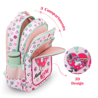 Eazy Kids 17” School Bag Set of 3 w/ 4-Wheel Trolley – Backpack, Lunch Bag & Pencil Case, Always Believe Pink