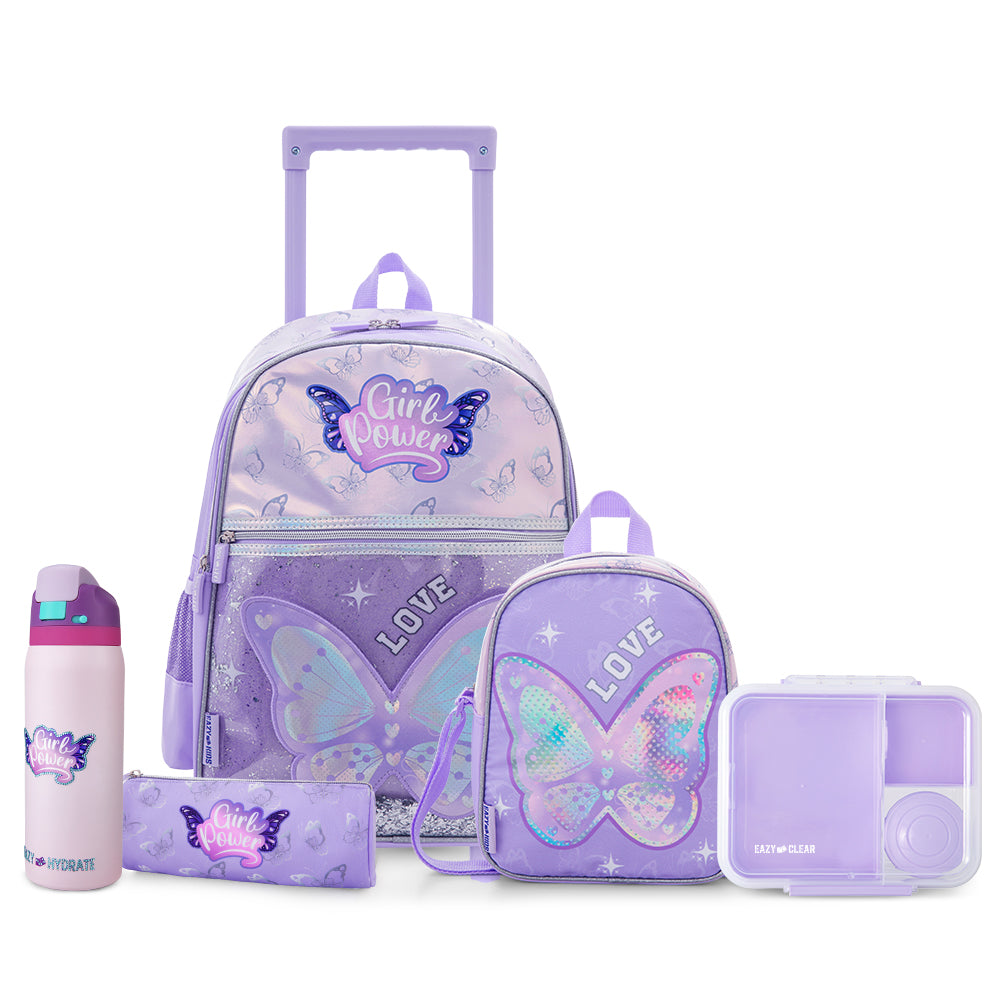 Eazy Kids Girl Power School Essentials Set – 16” Trolley Backpack, 1650ml Bento Lunch Box w/ 948ml Stainless Steel Water Bottle Purple