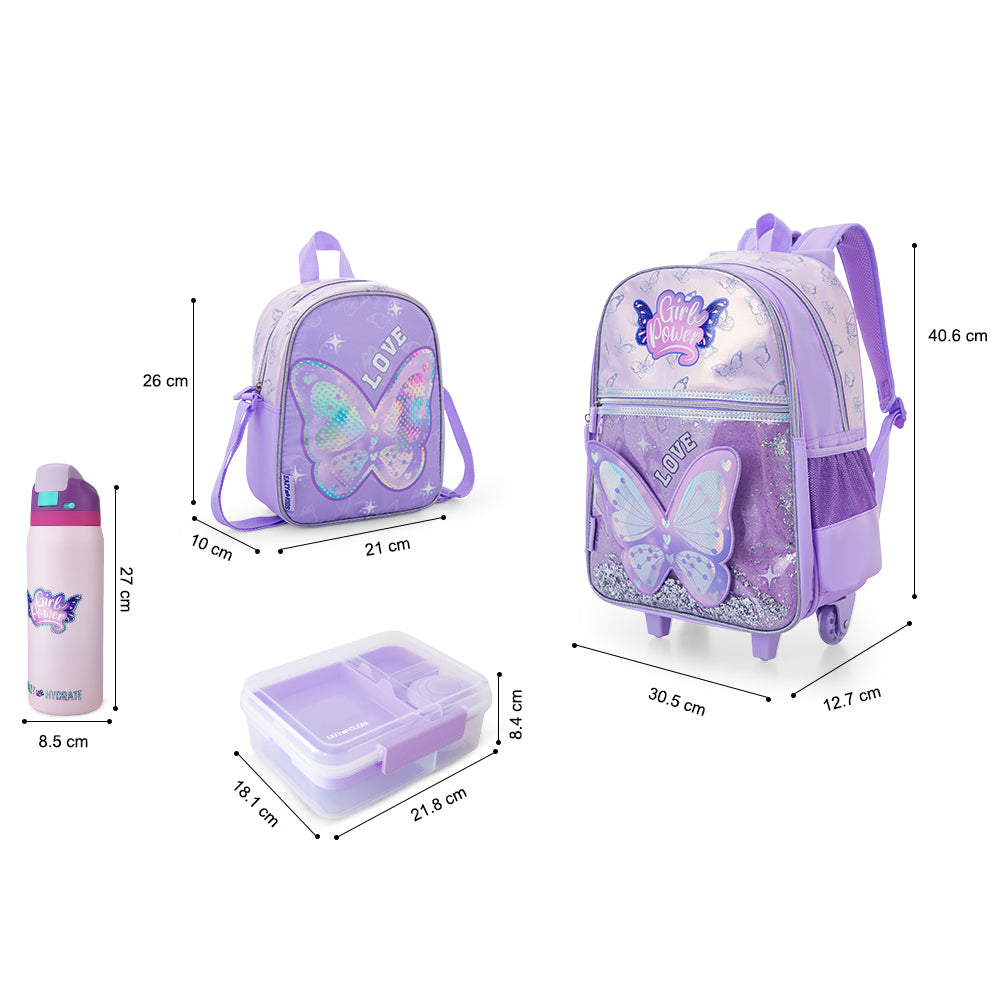 Eazy Kids Girl Power School Essentials Set – 16” Trolley Backpack, 1650ml Bento Lunch Box w/ 948ml Stainless Steel Water Bottle Purple