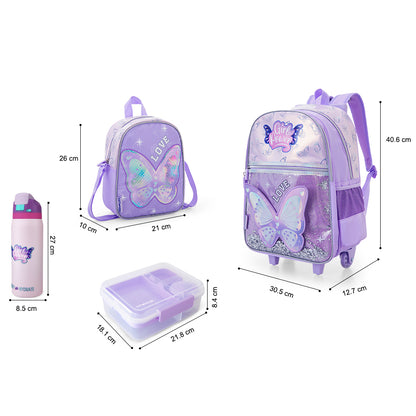 Eazy Kids Girl Power School Essentials Set – 16” Trolley Backpack, 1650ml Bento Lunch Box w/ 948ml Stainless Steel Water Bottle Purple