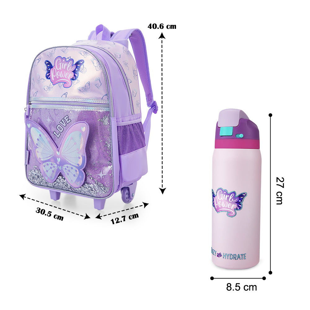 Eazy Kids 16inch Trolley School Bag Set of 3 w/ Stainless Steel Water Bottle Bling 948mL – Girl Power Purple