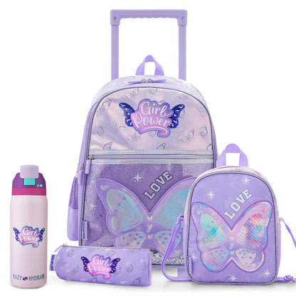 Eazy Kids 16inch Trolley School Bag Set of 3 w/ Stainless Steel Water Bottle Bling 948mL – Girl Power Purple