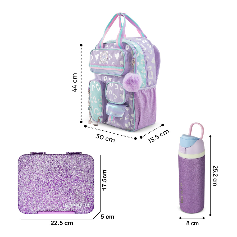 Eazy Kids 17” School Backpack Set w/ Stainless Steel Water Bottle & Convertible Bento Lunch Box – Purple