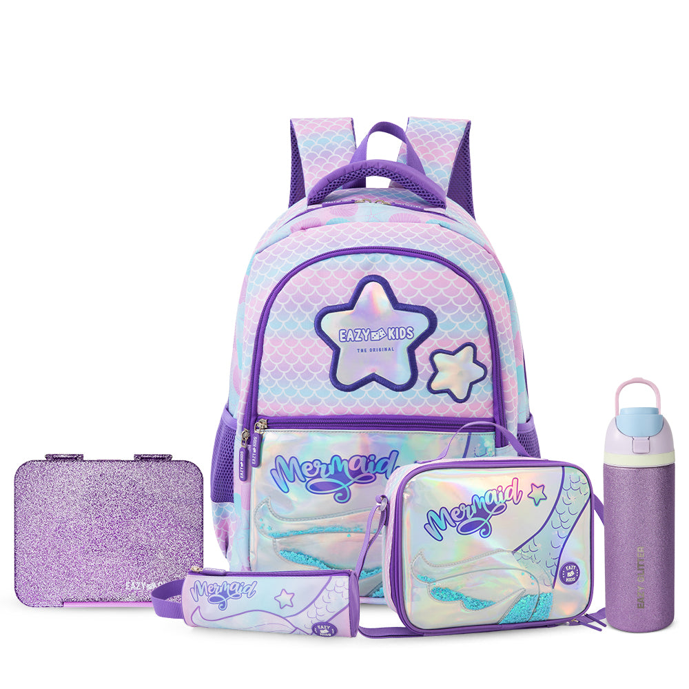 Eazy Kids 16” School Bag Set of 3 w/ Stainless Steel Glitter Water Bottle & Convertible Bento Lunch Box – Purple