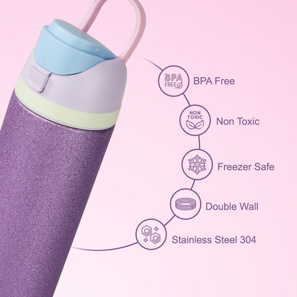 Eazy Kids 16” School Bag Set of 3 w/ Stainless Steel Glitter Water Bottle & Convertible Bento Lunch Box – Purple