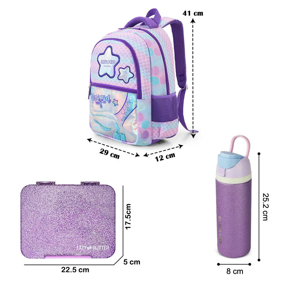 Eazy Kids 16” School Bag Set of 3 w/ Stainless Steel Glitter Water Bottle & Convertible Bento Lunch Box – Purple
