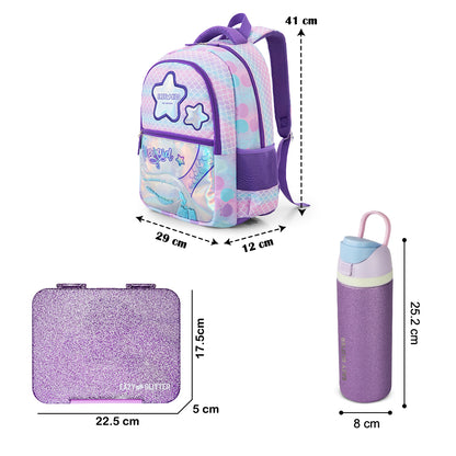 Eazy Kids 16” School Bag Set of 3 w/ Stainless Steel Glitter Water Bottle & Convertible Bento Lunch Box – Purple