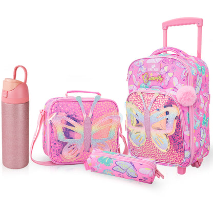 Eazy Kids 17” Trolley School Backpack Set w/ Stainless Steel Glitter Water Bottle – Butterfly Pink