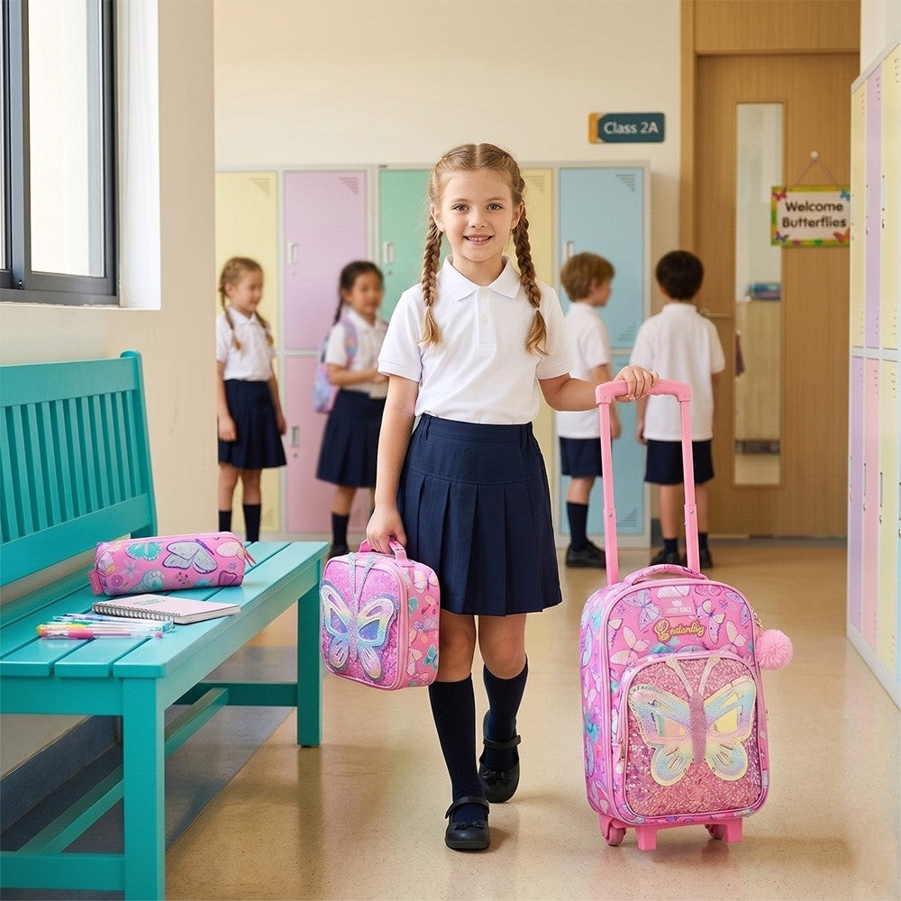 Eazy Kids 17” Trolley School Backpack Set w/ Stainless Steel Glitter Water Bottle – Butterfly Pink