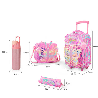 Eazy Kids 17” Trolley School Backpack Set w/ Stainless Steel Glitter Water Bottle – Butterfly Pink