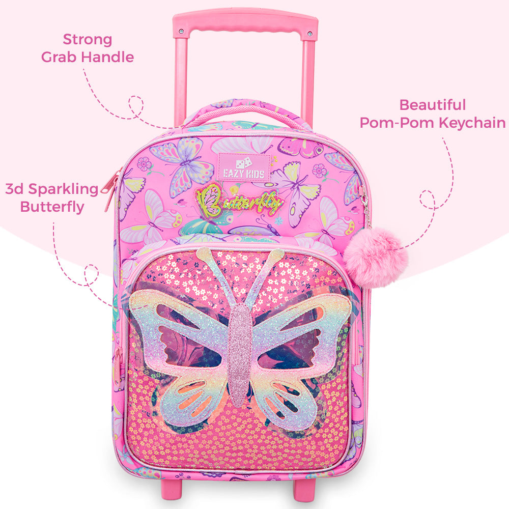 Eazy Kids 17” Trolley School Backpack Set w/ Stainless Steel Glitter Water Bottle – Butterfly Pink