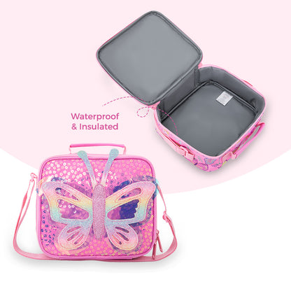 Eazy Kids 17” Trolley School Backpack Set w/ Stainless Steel Glitter Water Bottle – Butterfly Pink