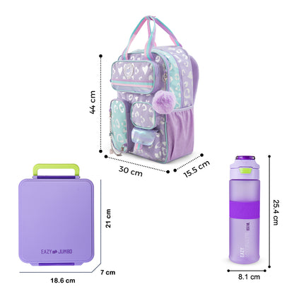 Eazy Kids 17” School Backpack Set w/ Tritan Water Bottle & Jumbo Bento Lunch Box – Purple