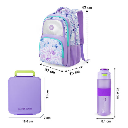 Eazy Kids 18” School Bag Set of 3 w/ Jumbo Bento Lunch Box & Tritan Water Bottle – Purple