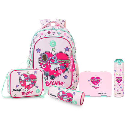 Eazy Kids 17inch School Bag Set of 3 w/ Insulated Water Bottle & Convertible Bento Lunch Box – Always Believe Pink