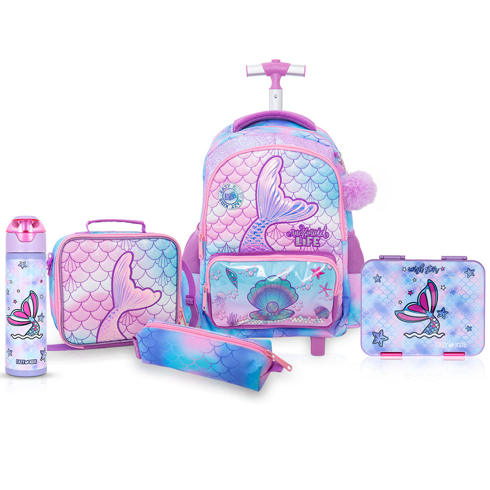 Eazy Kids 17” Trolley School Backpack Set w/ Convertible Bento Lunch Box & Insulated Water Bottle – Mermaid Pink
