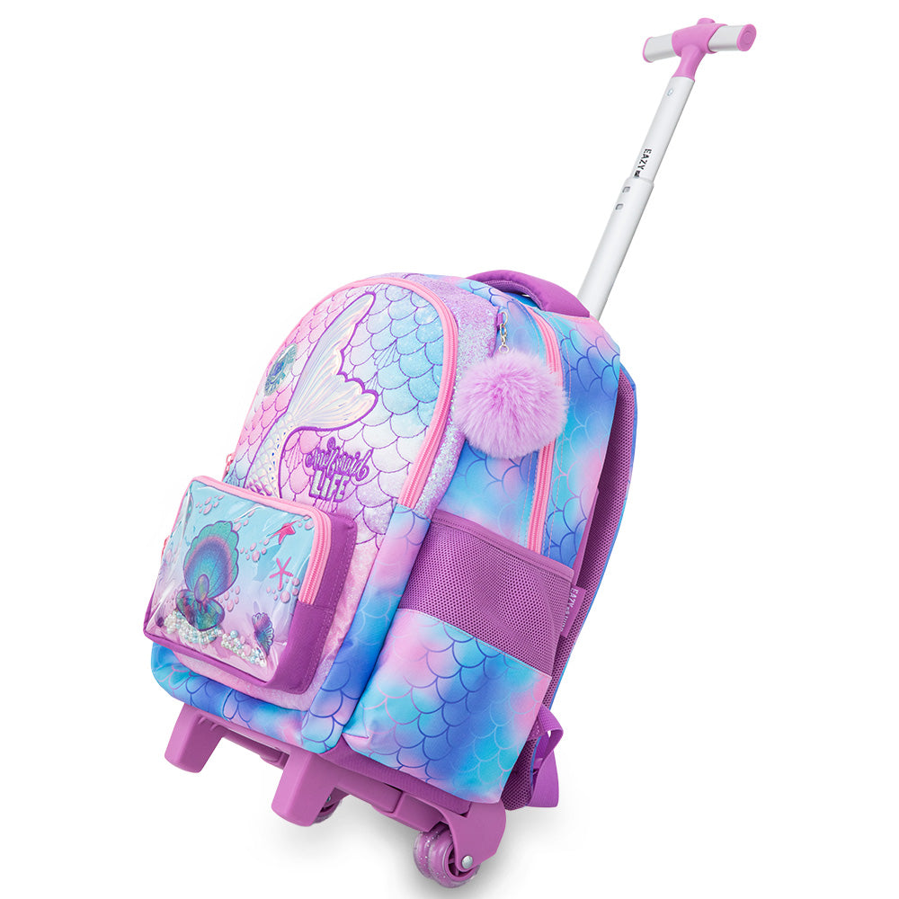 Eazy Kids 17” Trolley School Backpack Set w/ Convertible Bento Lunch Box & Insulated Water Bottle – Mermaid Pink