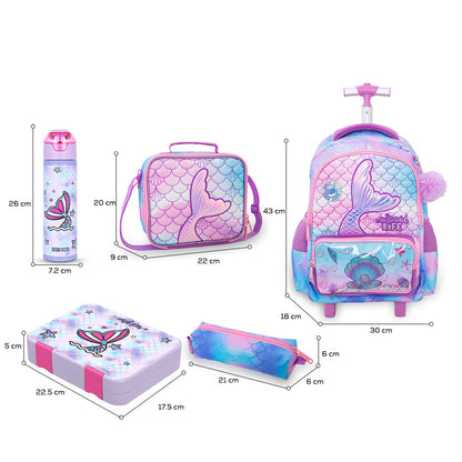 Eazy Kids 17” Trolley School Backpack Set w/ Convertible Bento Lunch Box & Insulated Water Bottle – Mermaid Pink