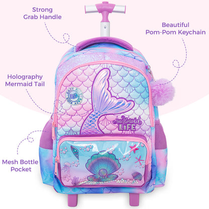 Eazy Kids 17” Trolley School Backpack Set w/ Convertible Bento Lunch Box & Insulated Water Bottle – Mermaid Pink