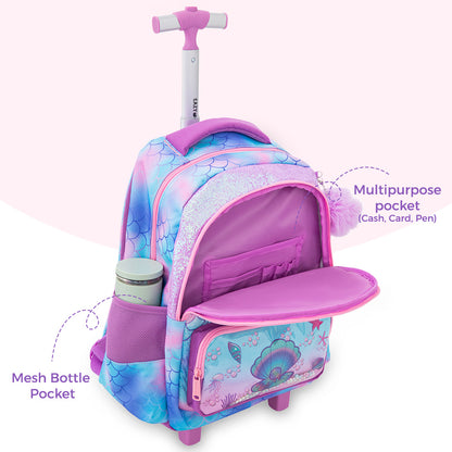 Eazy Kids 17” Trolley School Backpack Set w/ Convertible Bento Lunch Box & Insulated Water Bottle – Mermaid Pink