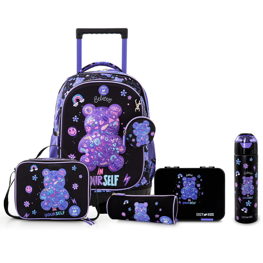 Eazy Kids 18inch Trolley School Bag Set of 4 w/ Insulated Water Bottle & Convertible Bento Lunch Box – Teddy Black