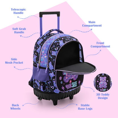 Eazy Kids 18inch Trolley School Bag Set of 4 w/ Insulated Water Bottle & Convertible Bento Lunch Box – Teddy Black